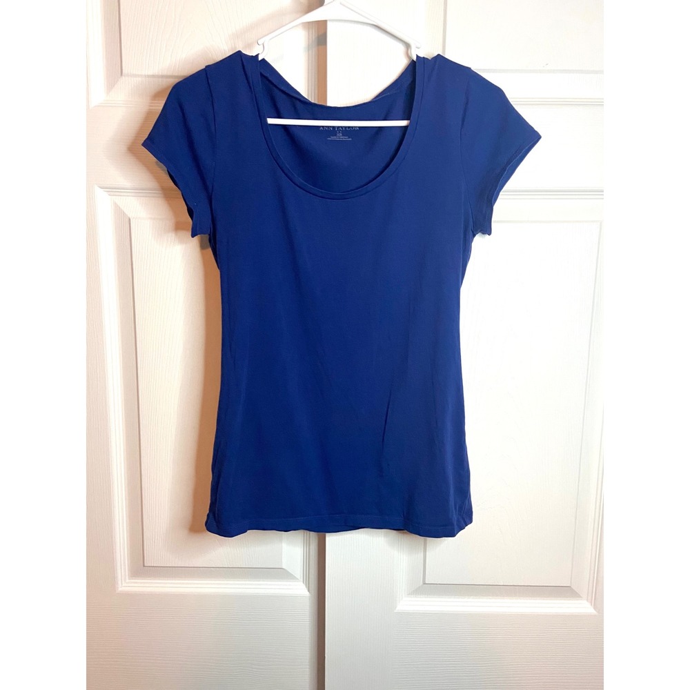 Ann Taylor Royal Blue Scoop Neck Top Short Sleeve Stretch Cotton Blend Slim Fit